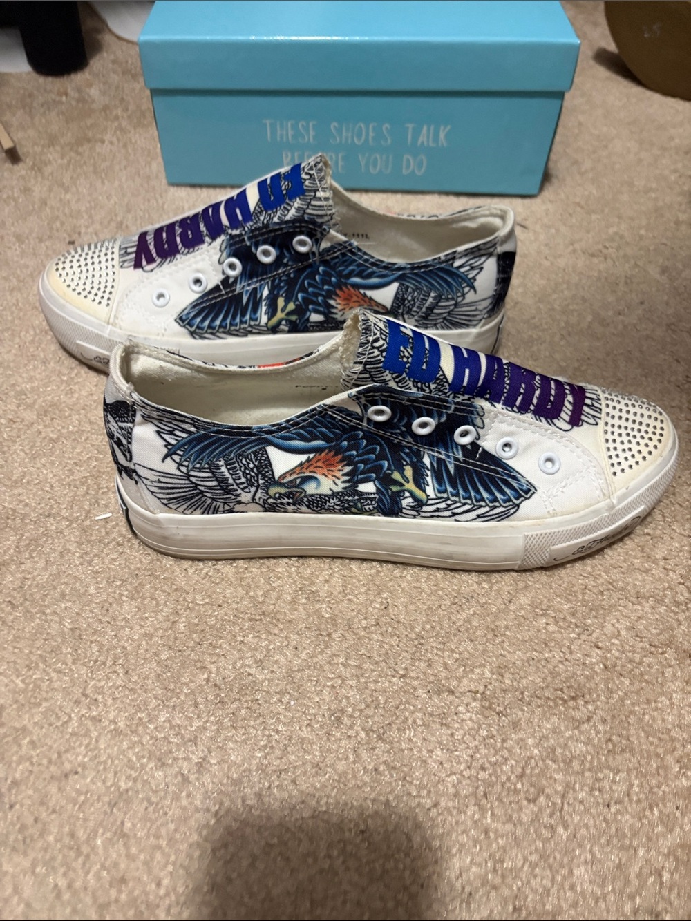 Ed Hardy White Graphic Slip-On Sneakers with Blue Eagle Design